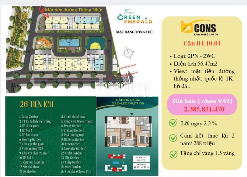 Bán căn hộ Green Emerald 2PN – cam kết thuê lại 2 năm, thu nhập 12tr/tháng!