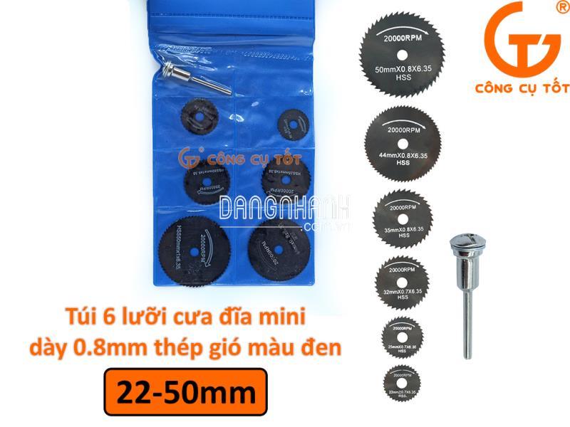 TÚI 6 LƯỠI CƯA ĐĨA MINI 22-44MM THÉP GIÓ ĐEN DÀY 0.8MM