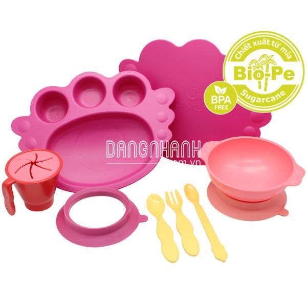 Set khay ăn dặm UINLUI đế dính 10 món - Hồng đậm (sản xuất từ cây mía)