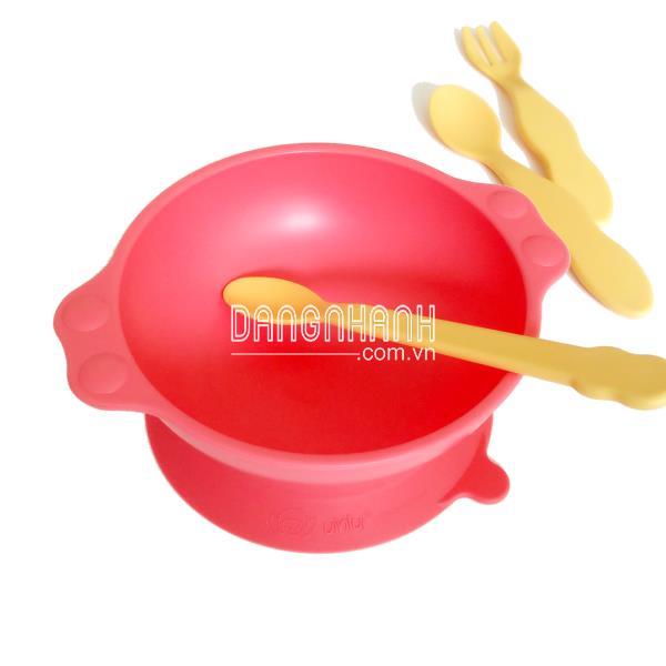 Set bát ăn đế dính UINLUI kèm bộ 3 thìa - Xanh cốm (sản xuất từ cây mía)
