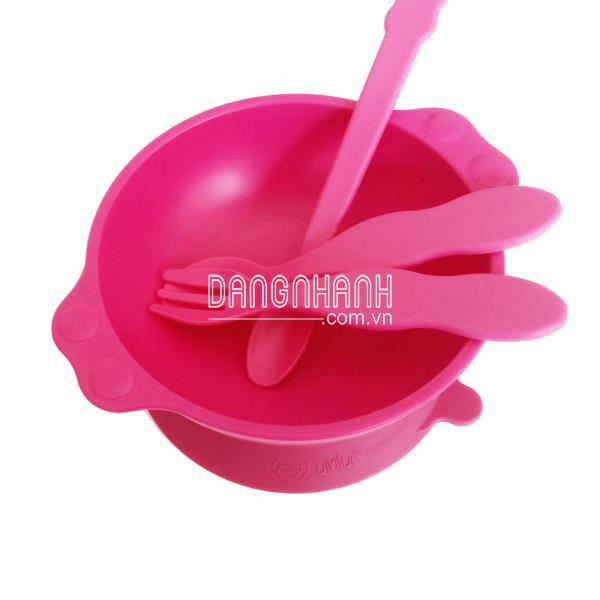 Set bát ăn đế dính UINLUI kèm bộ 3 thìa - Hồng đậm (sản xuất từ cây mía)