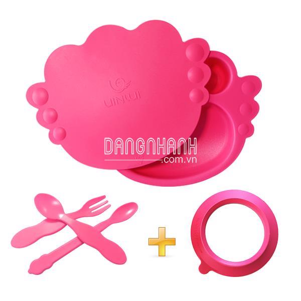 Set khay ăn dặm UINLUI đế dính và thìa dĩa 3 món - Hồng đậm sản xuất từ cây mía