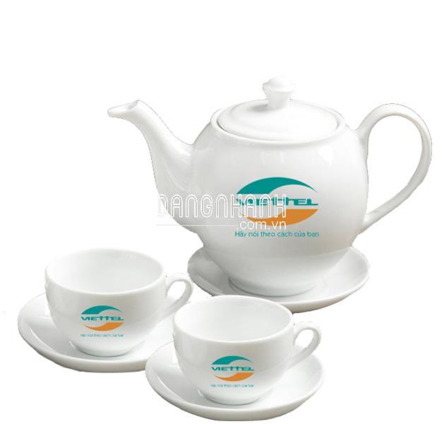 BỘ ẤM CHÉN UỐNG TRÀ BÁT TRÀNG TRÒN 0,65L IN LOGO