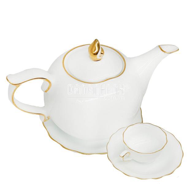 BỘ ẤM CHÉN TRÀ BÁT TRÀNG HOA MẪU ĐƠN CHỈ VÀNG 0,7L