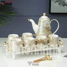 Bộ Ấm Trà Đá Cẩm Thạch Thanh Lịch | Kèm Ly, Tách & Kệ Mạ Vàng Cao Cấp |