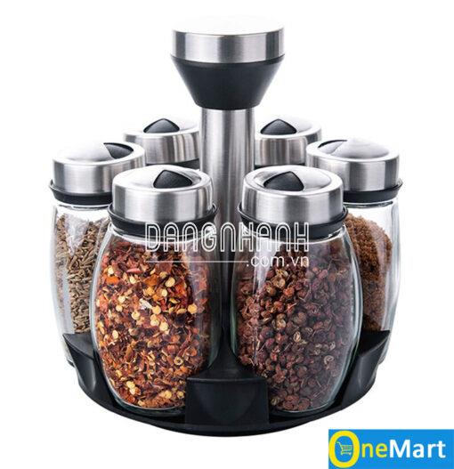 Bộ đựng gia vị 6 lọ thủy tinh xoay 360 độ