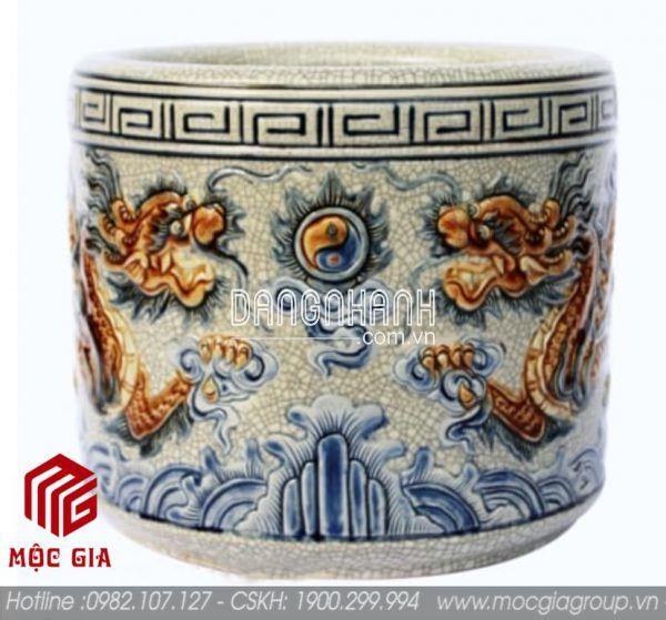 Bát hương men rạn đắp nổi Lưỡng Long Chầu Nguyệt