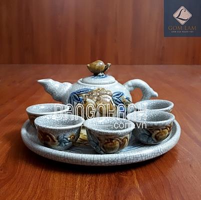 Bộ ấm chén men rạn đắp nổi