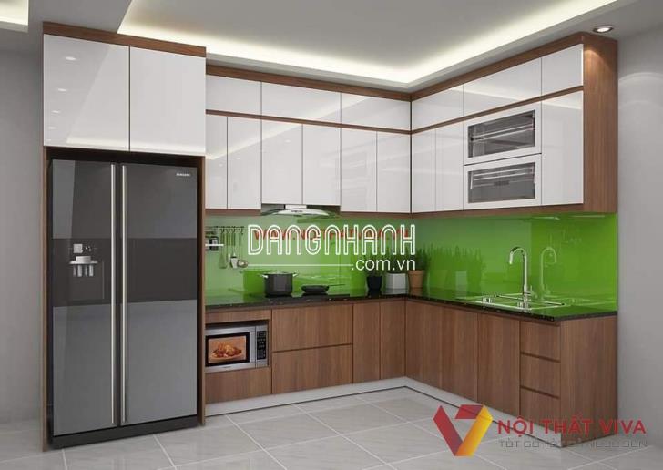 Mẫu Tủ Bếp Chữ L Gỗ Mdf Vân Gỗ Phối Trắng Phủ Acrylic Đẹp Giá Rẻ