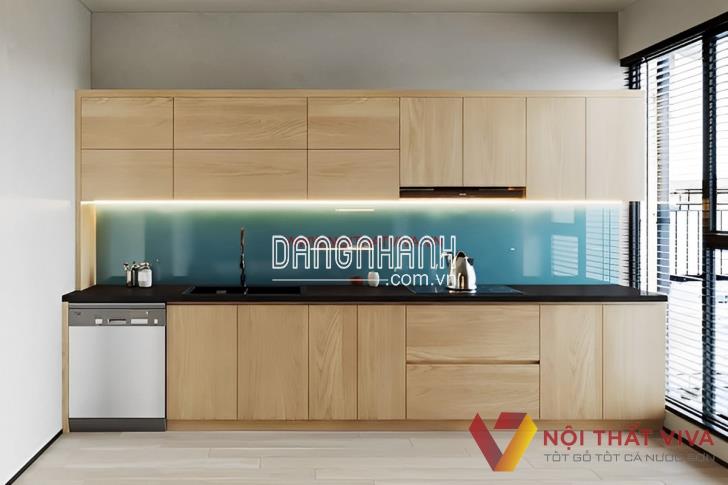 Tủ Bếp Chữ I Dài 3m Gỗ Mdf Melamine Màu Vàng Vân Gỗ + Mặt Đá Đẹp