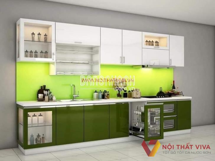 Tủ Bếp Chữ I Hiện Đại Gỗ MDF Acrylic Bóng Gương Màu Xanh Phối Trắng Đẹp