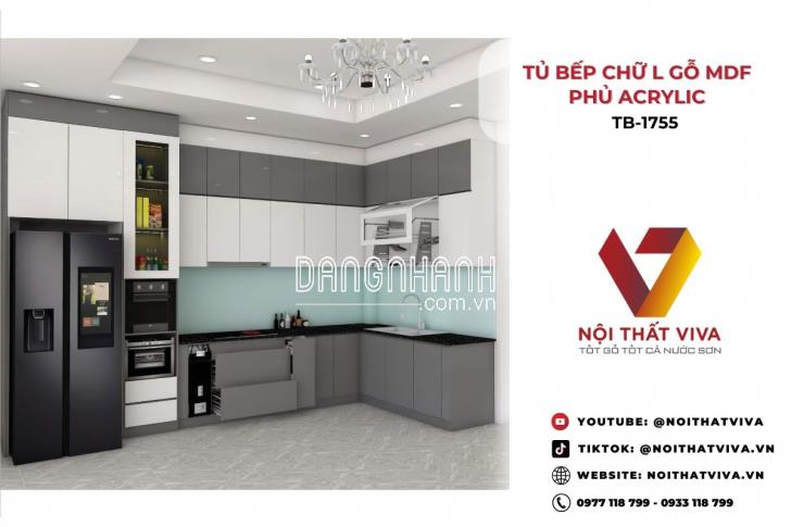 Mẫu Thiết Kế Tủ Bếp Chữ L Gỗ Mdf Phủ Acrylic Màu Xám Phối Trắng