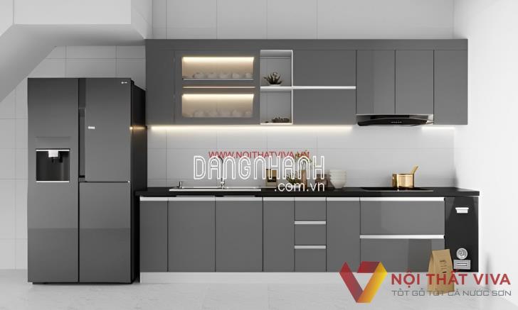 Tủ Bếp Gỗ Công Nghiệp Acrylic Màu Xám Đen Hiện Đại Sang Trọng