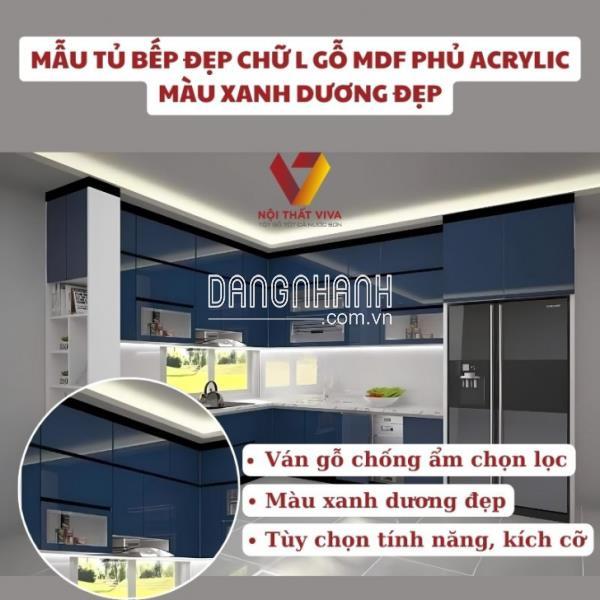 Mẫu Tủ Bếp Đẹp Chữ L Gỗ MDF Phủ Acrylic Màu Xanh Dương Đẹp