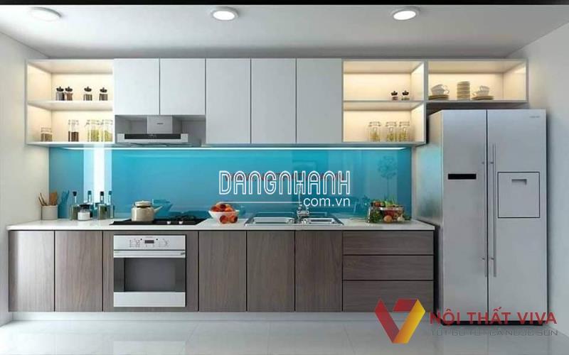 Tủ Bếp Chữ I Hiện Đại Gỗ MDF Phủ Melamine Màu Nâu Phối Trắng