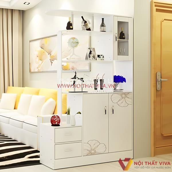 Mẫu Tủ Rượu Làm Vách Ngăn Gỗ Công Nghiệp MDF Sơn Trắng Hiện Đại