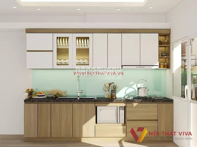 Tủ Bếp Chữ I Nhỏ Gỗ MDF Phủ Melamine Màu Vàng Vân Gỗ Đẹp Hiện Đại