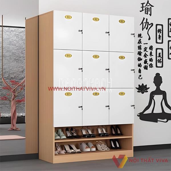 Tủ Locker 9 Ngăn Tích Hợp Kệ Giày Gỗ Công Nghiệp Hiện Đại