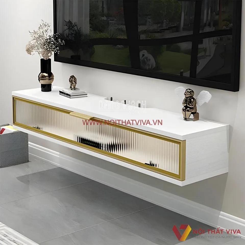 Kệ Tivi Treo Tường Đơn Giản Với Chất Liệu MDF Cánh Ốp Kính Hiện Đại