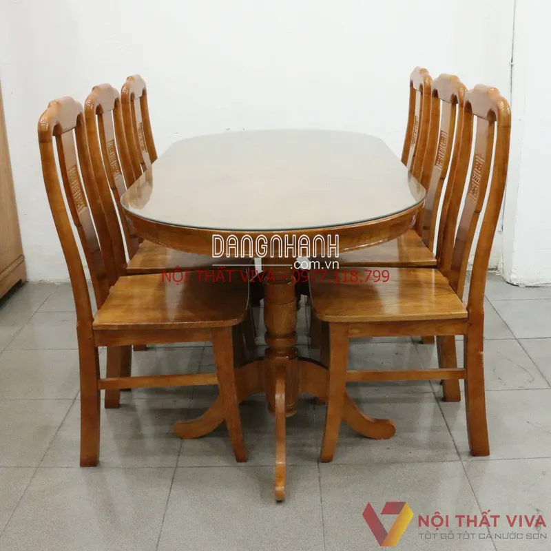  Bộ Bàn Ăn Oval Gỗ Sồi 6 Ghế Màu Cánh Gián