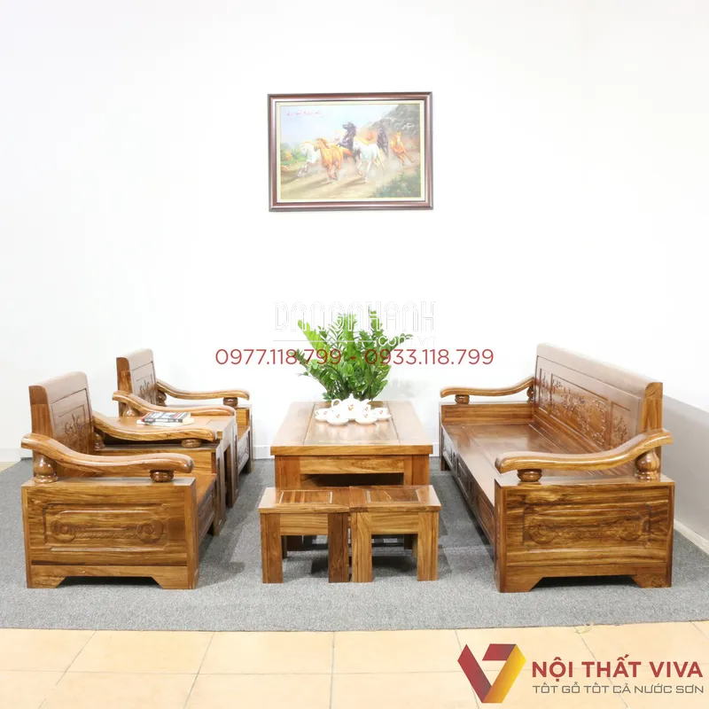  Bộ Bàn Ghế Sofa Phòng Khách Đối Tay Cong Gỗ Hương Xám Truyền Thống