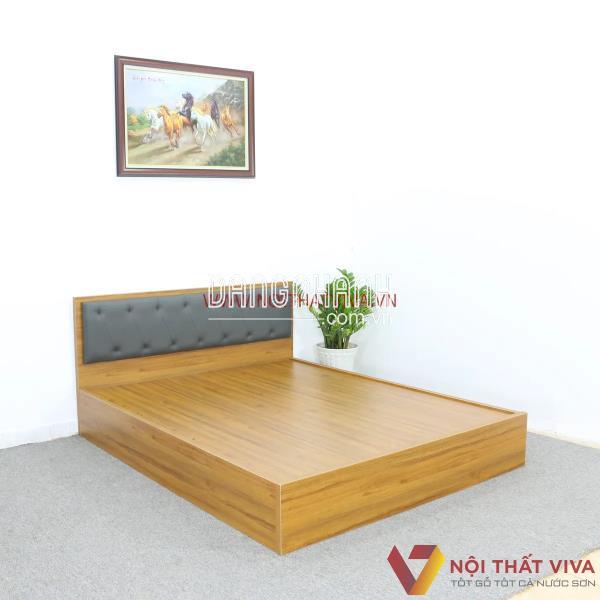 Giường Giá Rẻ - Giường Ngủ Gỗ MDF Melamine Màu Vàng Vân Gỗ Có Đầu Nệm Đen Đẹp Hiện Đại