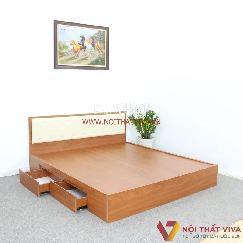 Giường MDF 1m6 Màu Xoan Đào Có Hộc Kéo + Đầu Nệm Kem Đẹp