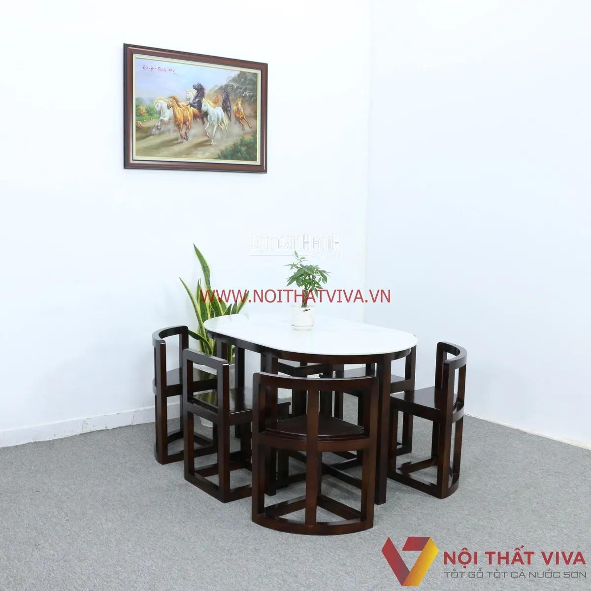 Bộ Bàn Ghế Ăn Thông Minh Xếp Gọn Gỗ Sồi Nga 6 Ghế Màu Nâu Mặt Đá Oval Đẹp