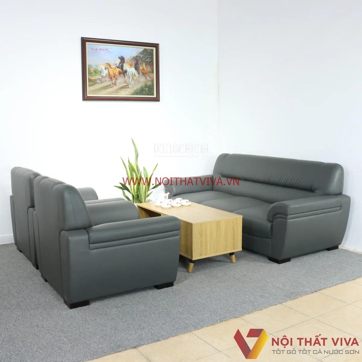 Bộ Sofa Bọc Da Kiểu Đối Màu Xanh Đen Kèm Bàn Gỗ MDF Hiện Đại