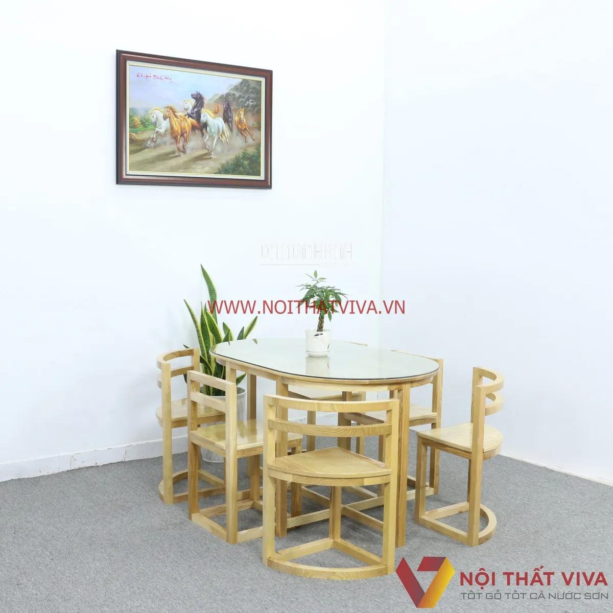 Bộ Bàn Ăn Thông Minh 6 Ghế Xếp Gọn Gỗ Sồi Nga Tự Nhiên