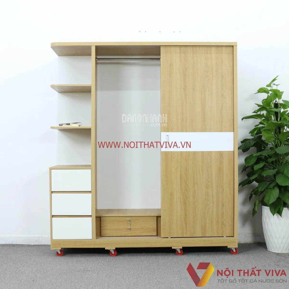 Tủ Quần Áo Cửa Lùa Gỗ MDF Có Kệ Màu Vàng Vân Gỗ Chỉ Trắng Đẹp