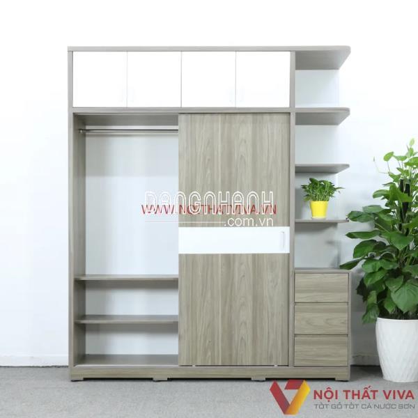 Tủ Quần Áo Kịch Trần Cửa Lùa Gỗ MDF Có Kệ Trang Trí Màu Xám Chỉ Trắng