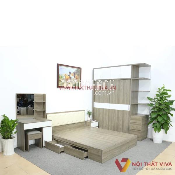 Bộ Combo Nội Thất Phòng Ngủ Tủ Kịch Trần Gỗ MDF Màu Xám Phối Trắng Cao Cấp Đẹp