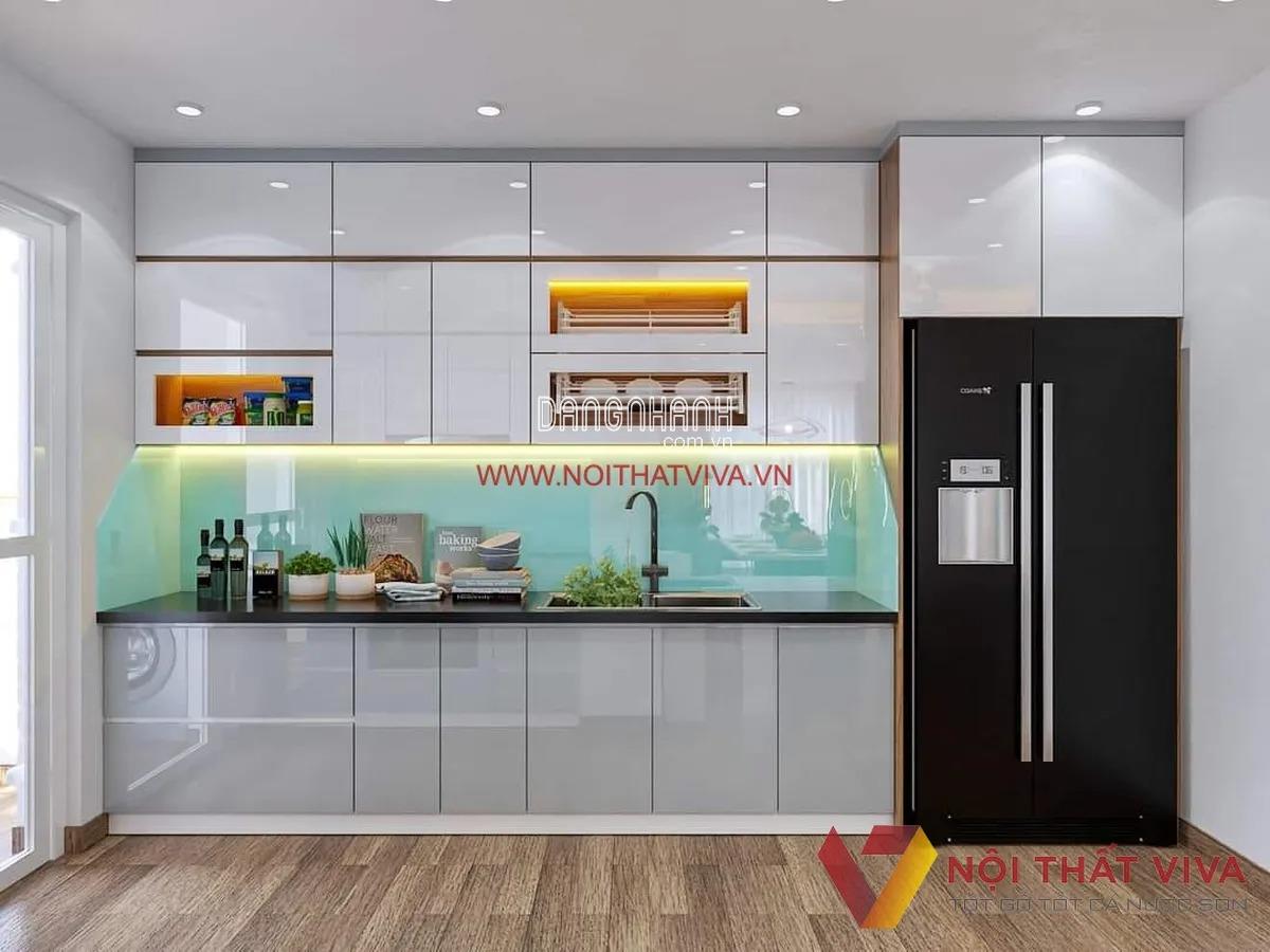 Mẫu Tủ Bếp Chữ I Gỗ Acrylic Bóng Gương Hiện Đại Đẹp Sang