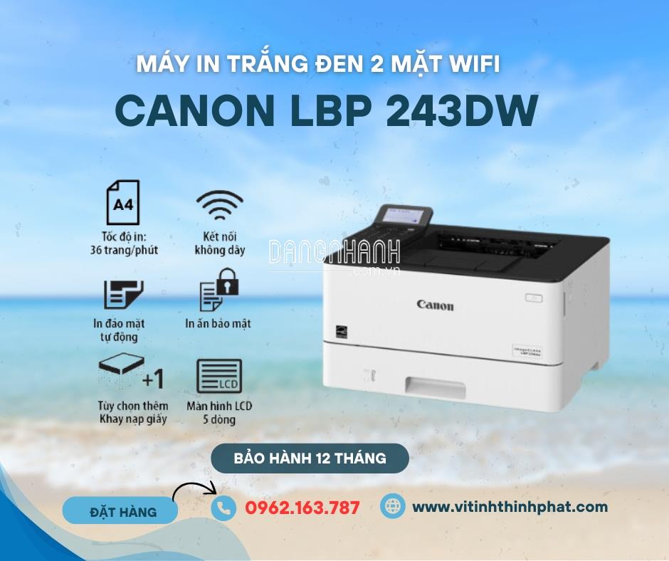  Máy in laser trắng đen Canon LBP 243dw in 2 mặt, in wifi tiện lợi